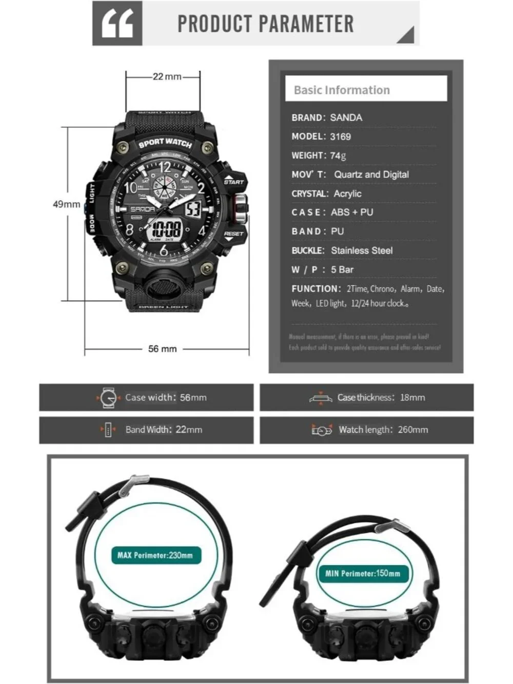 Men's All Black Analog Quartz Sports Waterproof Military LED Digital Wrist Watch